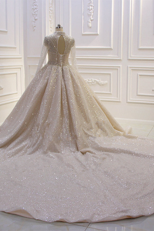 Gorgeous High Neck Long Sleeves Sequin Satin Ball Gown Wedding Dress