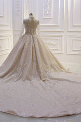 Gorgeous High Neck Long Sleeves Sequin Satin Ball Gown Wedding Dress