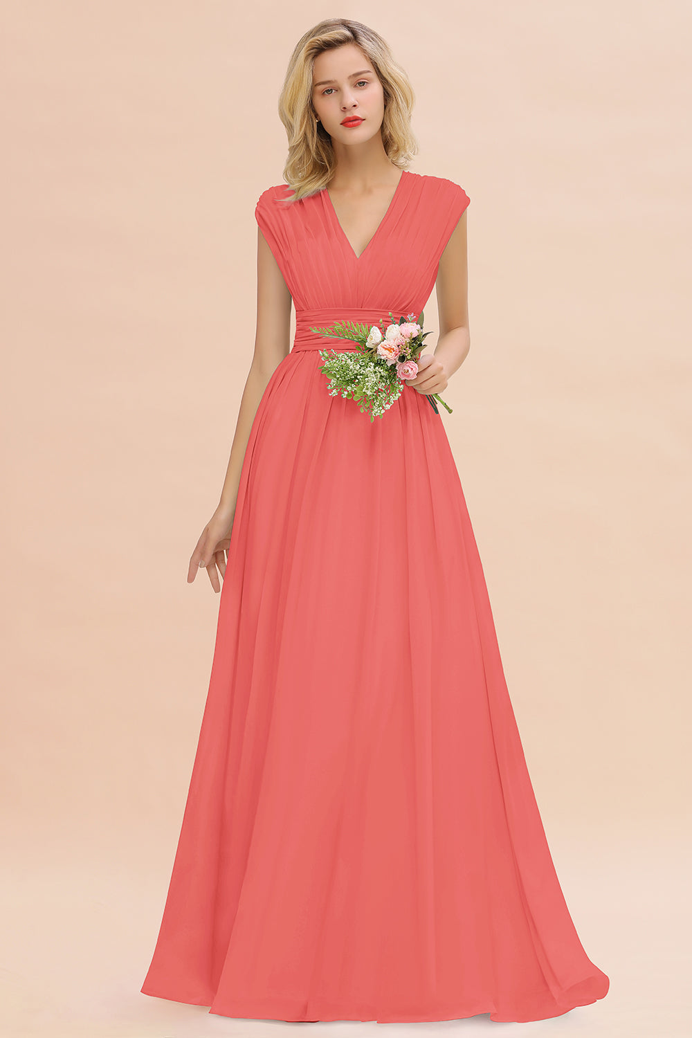 Chiffon V-Neck Sleeveless Elegant A-line Ruffles Bridesmaid Dress