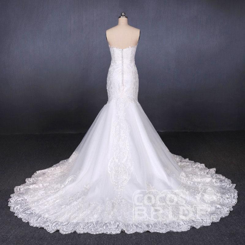 Sweetheart Long Strapless Mermaid Lace Wedding Dress