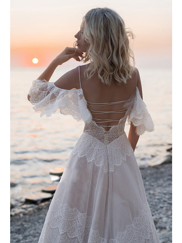 Long A-Line V Neck Lace Tulle Backless Wedding Dresses with Short Sleeve