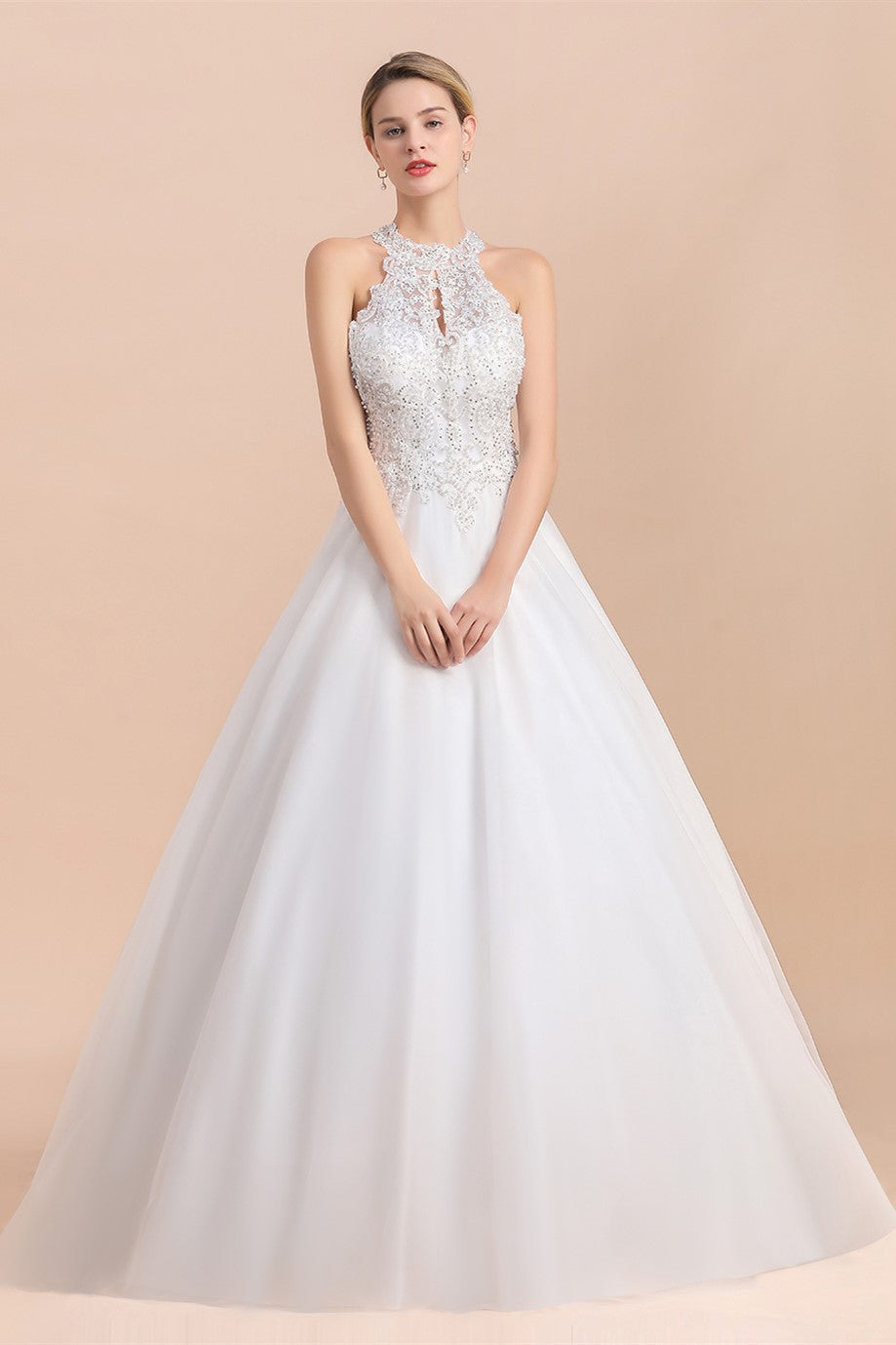 Long Halter Lace Appliques A-line Tulle Sleeveless Wedding Dress