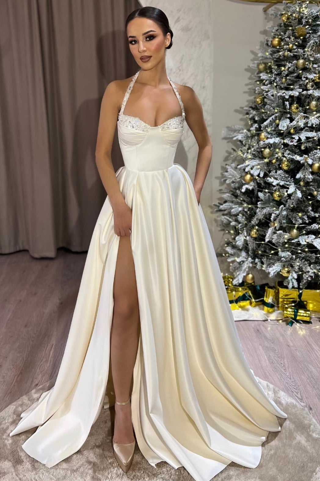 A-Line Satin Long Split Front Halter Formal Prom Dress with Beads