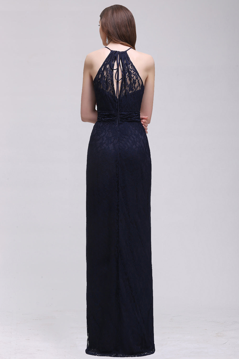 Elegant A-Line Lace Halter Sleeveless Floor Length Bridesmaid Dress