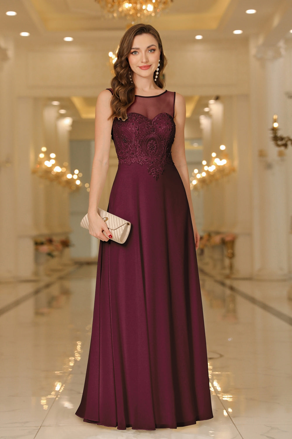 Elegant Long Scoop Neck Sleeveless Lace Appliques Chiffon Evening Dress