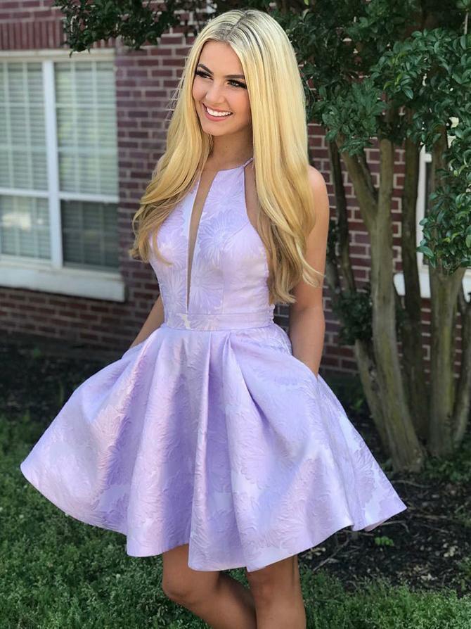 Short V-Neck A-Line Sleeveless Satin Lace Prom Dresses with Pockets