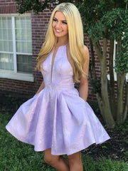 Short V-Neck A-Line Sleeveless Satin Lace Prom Dresses with Pockets