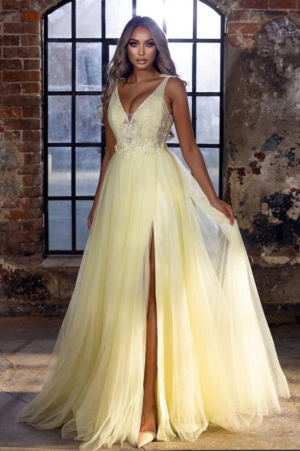 Stunning Long V-neck Appliques Lace A-Line Tulle Prom Dress With Side Slit