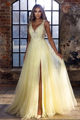 Stunning Long V-neck Appliques Lace A-Line Tulle Prom Dress With Side Slit