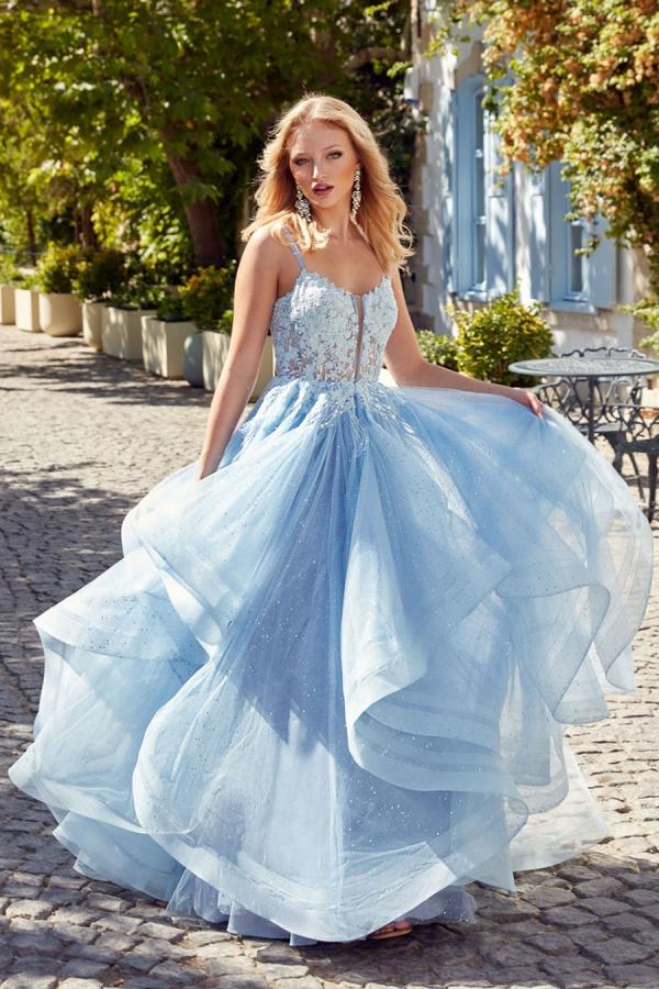 Long A-line Open Back Spaghetti Straps Lace Up Tulle Prom Dress