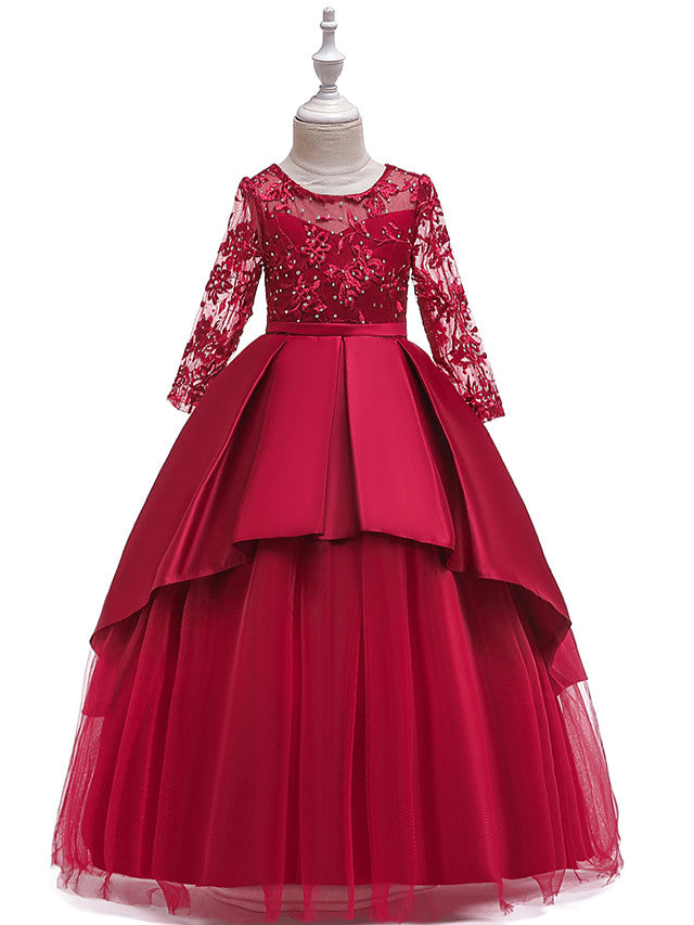 Long Ball Gown Satin Tulle Flower Girl Dresses with Sleeves
