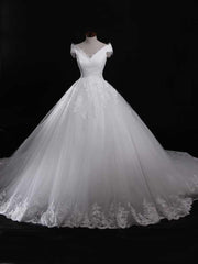 Gorgeous Long Off the Shoulder Lace Tulle Ball Gown Ruffles Wedding Dresses