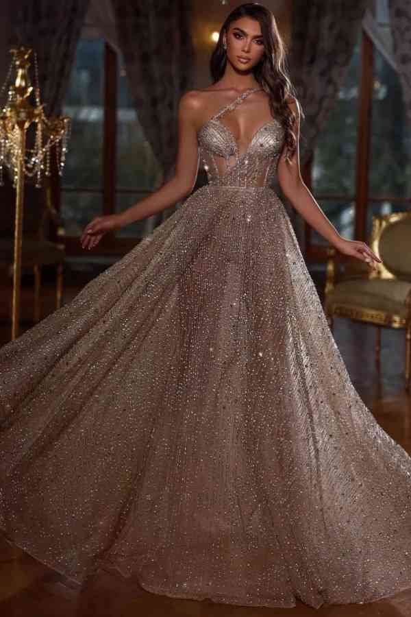 Elegant Sweetheart A-Line Long Tulle Prom Dress with Sequins