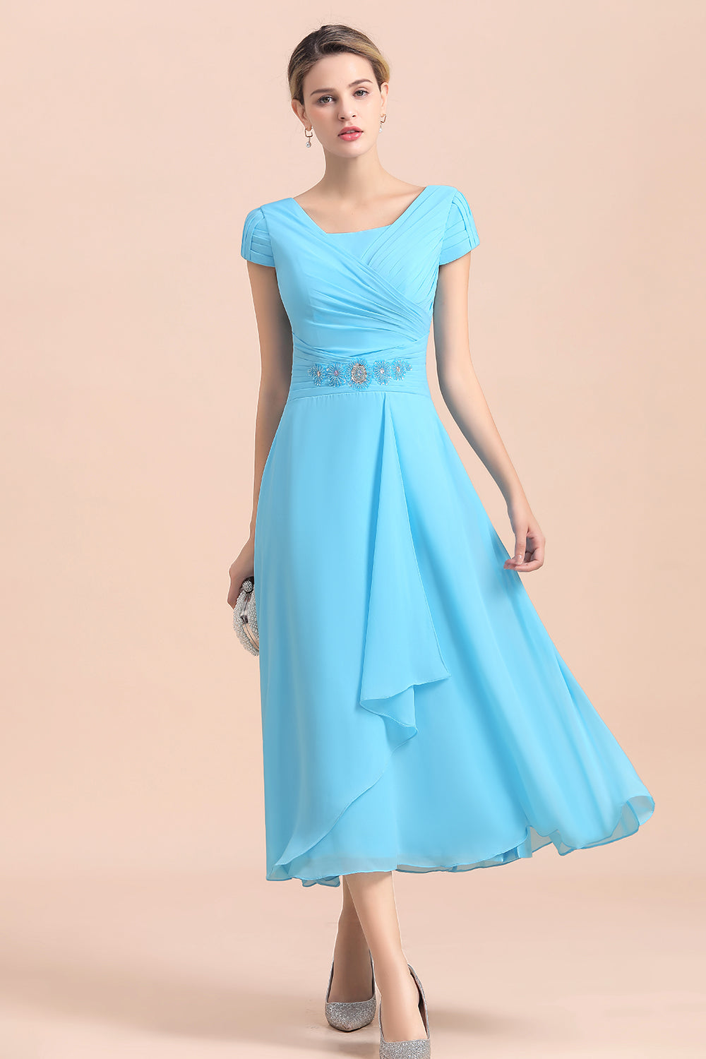 Blue Short Sleeves Chiffon Ruffles Tea-length Mother of the Bride Dress