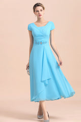 Blue Short Sleeves Chiffon Ruffles Tea-length Mother of the Bride Dress