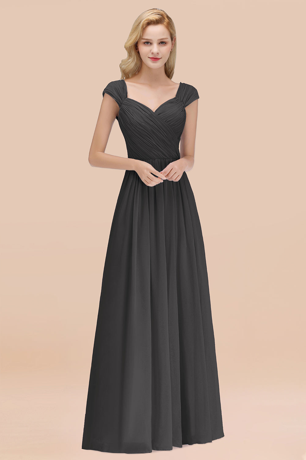 A-Line Chiffon Straps Sweetheart Sleeveless Floor Length Bridesmaid Dress with Ruffles