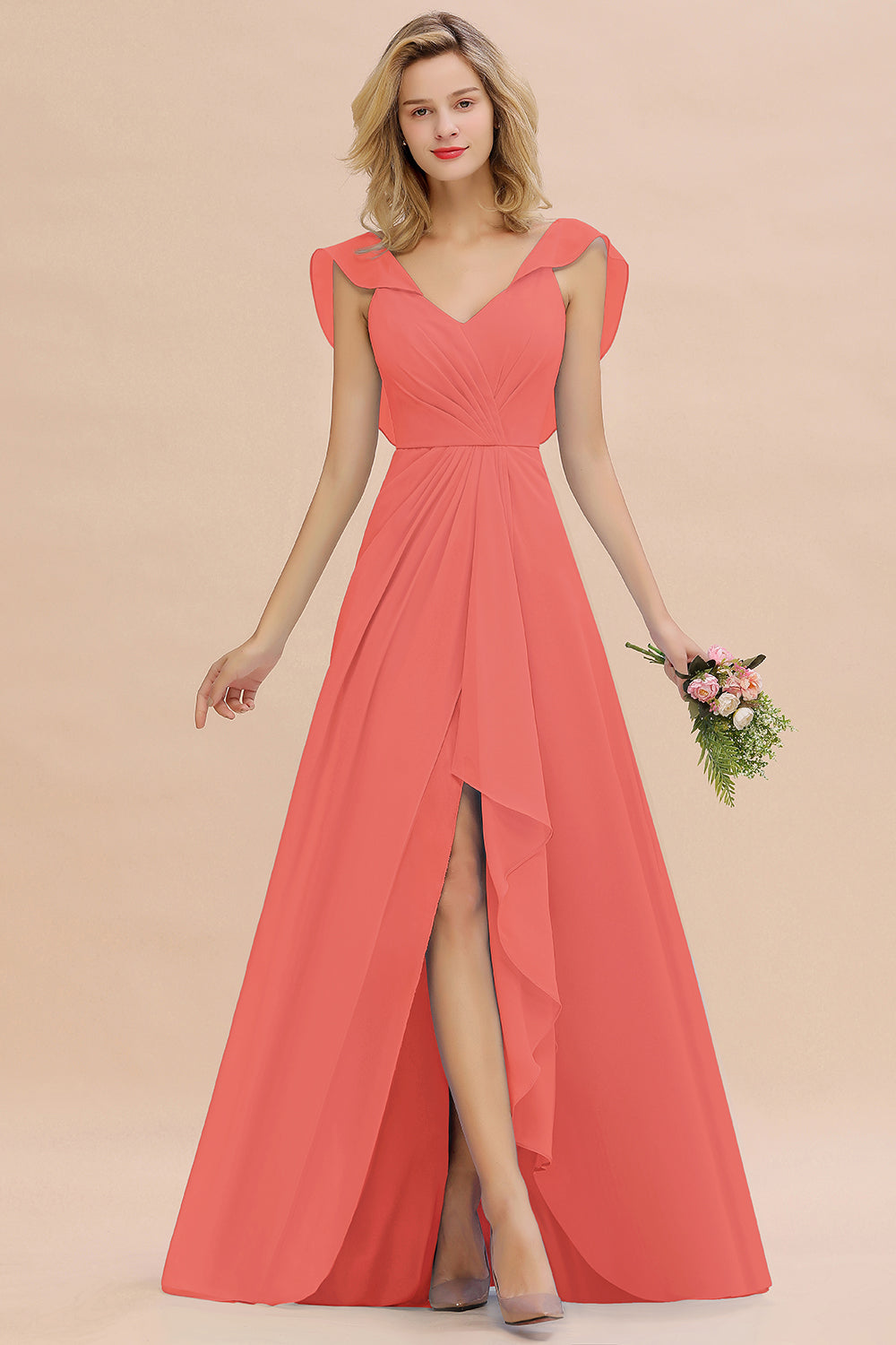 Simple High Low A-line V-Neck Ruffles Chiffon Watermelon Bridesmaid Dress
