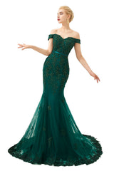 Elegant Dark Green Long Mermaid Off the Shoulder Tulle Lace Formal Evening Dresses