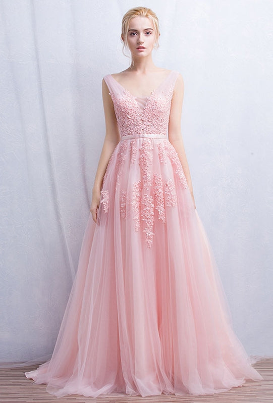 Fabulous Long V-neck Tulle Lace A-line Evening Dress