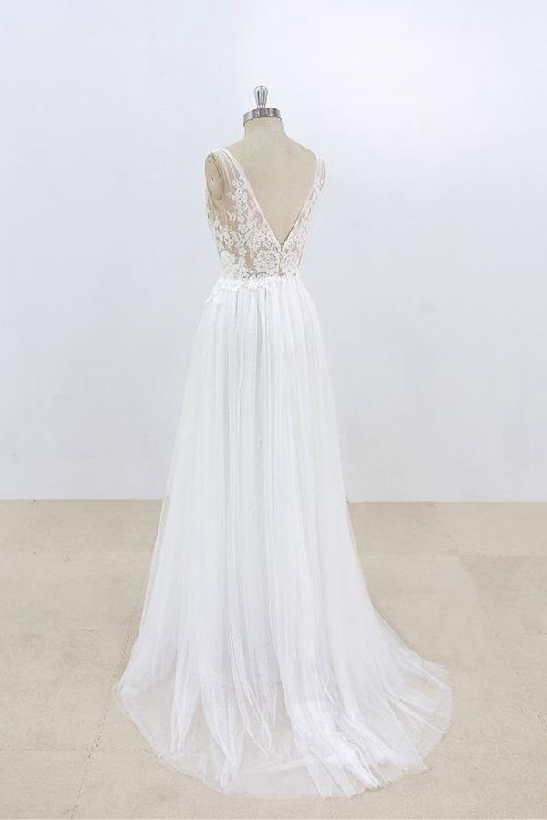 Long Deep V-neck Lace A-line Tulle Wedding Dress