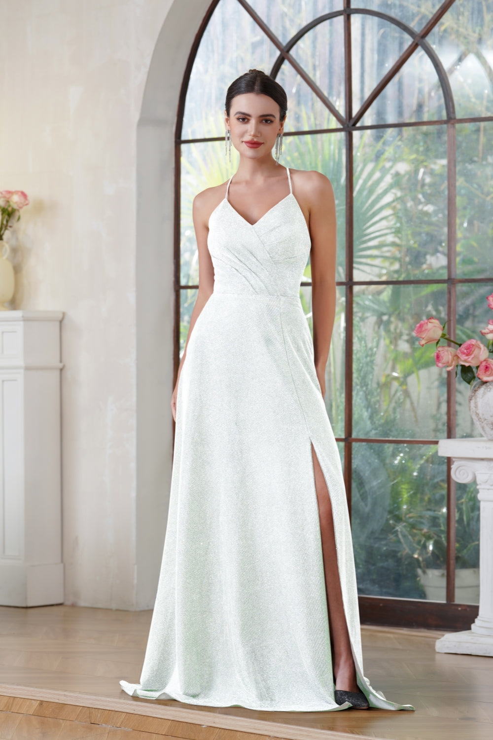 Glitter Long A-line Halter V-Neck Floor Length Side Split Formal Prom Dresses with Pocket