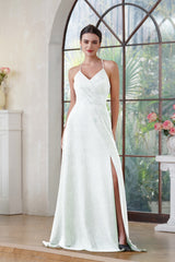 Glitter Long A-line Halter V-Neck Floor Length Side Split Formal Prom Dresses with Pocket