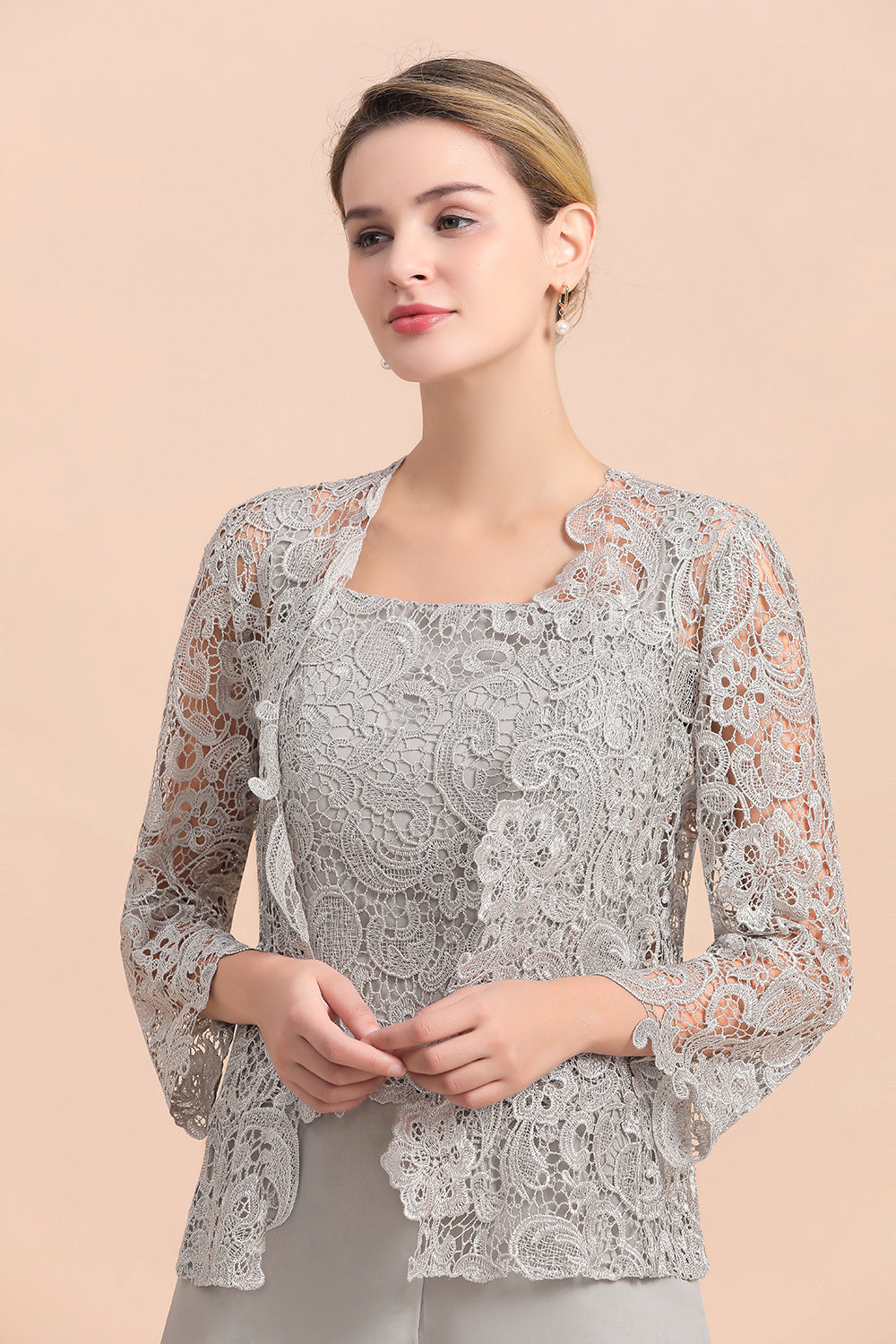 Chic Silver Lace Chiffon Long Sleeves Mother of Bride Jumpsuit With Wrap