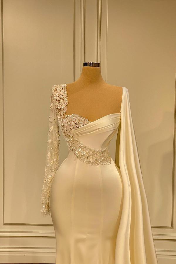 Long Mermaid Satin Fromal Prom Dress with Sleeves Ivory Evening Gowns