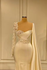 Long Mermaid Satin Fromal Prom Dress with Sleeves Ivory Evening Gowns
