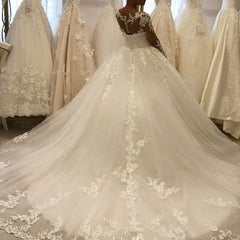 Elegant A-Line Bateau Long Sleeve Appliques Lace Ruffles Tulle Wedding Dress
