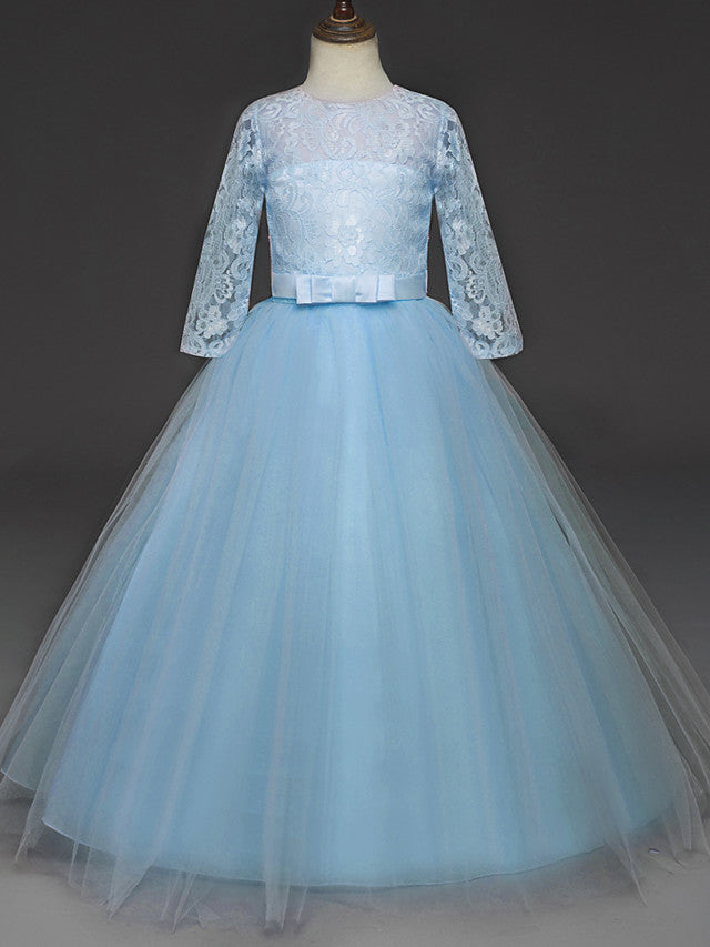 Long Ball Gown Tulle Lace Jewel Neck Flower Girl Dresses with Half Sleeve