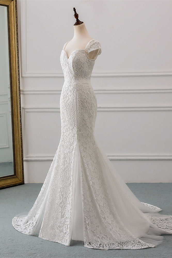 Elegant Long Mermaid Sweetheart Lace Wedding Dress with Cap Sleeves