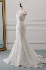 Elegant Long Mermaid Sweetheart Lace Wedding Dress with Cap Sleeves