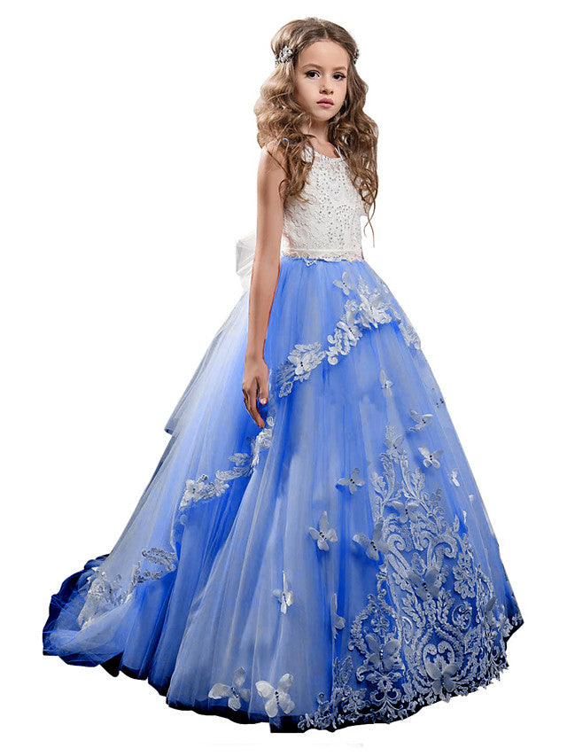 Princess Pageant Lace Tulle Sleeveless Jewel Neck Flower Girl Dresses