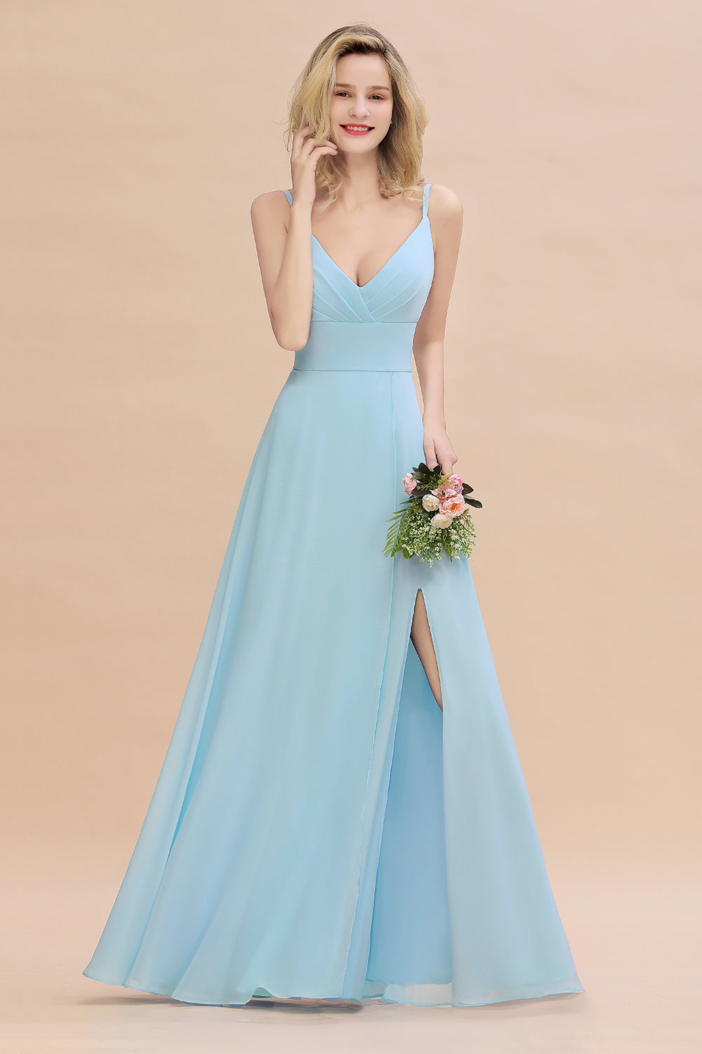 Vintage Spaghetti Straps V-neck A-line Chiffon Floor Length Bridesmaid Dress With Split