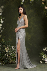 Attractive Sequins Wide Straps V-neck Mermaid Bridesmaid Dress With Side Slit