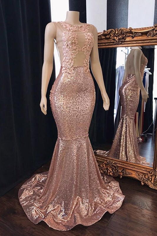 Long Sequins Appliques Lace Sleeveless Mermaid Prom Dresses