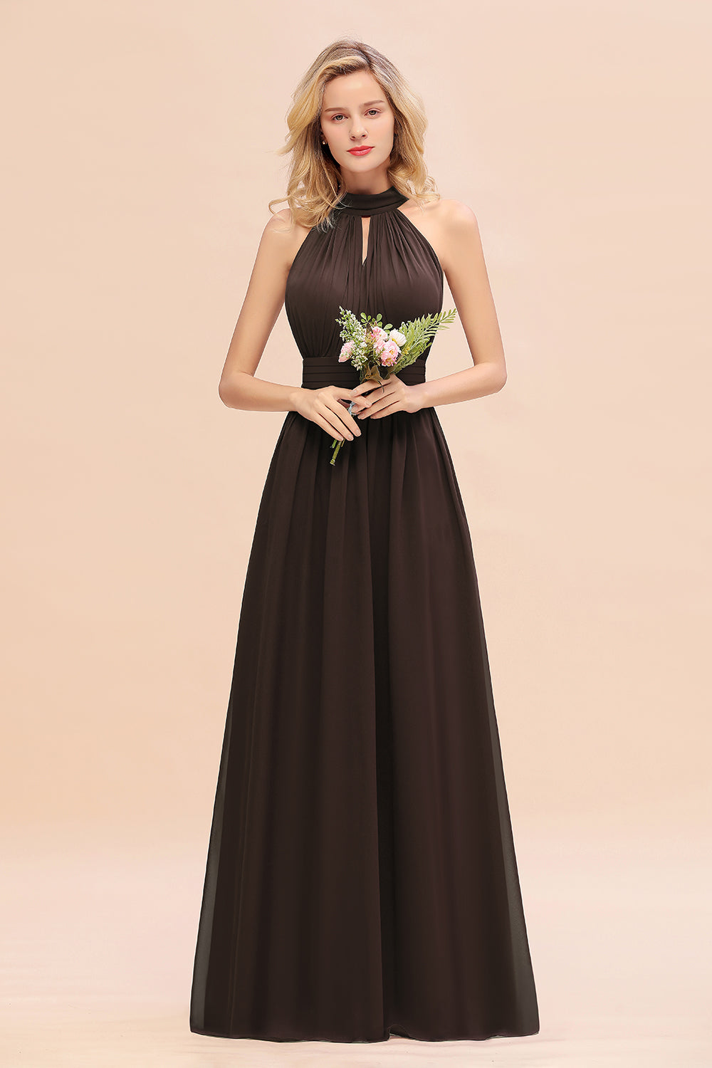 Dusty Sage Long High Neck Chiffon Bridesmaid Dresses with Ruffle