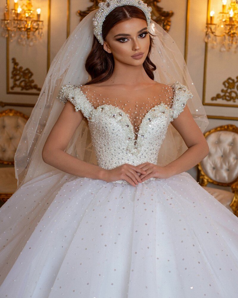 Glamorous Long Off the Shoulder Beading Tulle Ball Gown Wedding Dress