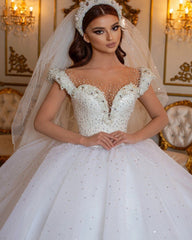 Glamorous Long Off the Shoulder Beading Tulle Ball Gown Wedding Dress