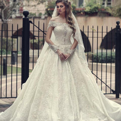 Elegant A-Line Off the Shoulder Long Sleeve Backless Appliques Lace Floor Length Wedding Dress