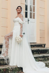 Long Off The Shoulder Split Front A-Line White Wedding Dress with Ruffles