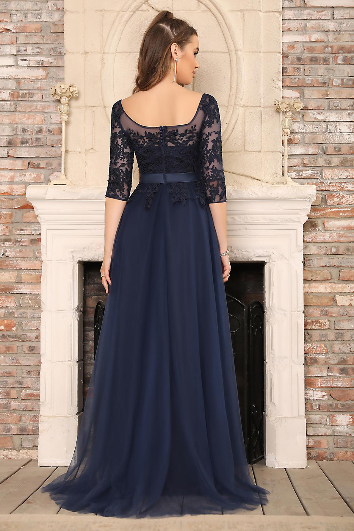 Long A-line Crew Neck Tulle Lace Appliques Evening Dresses with Half Sleeves
