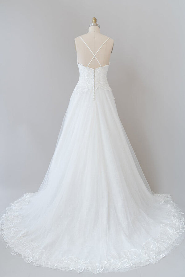 Long Sweetheart Spaghetti Strap Applique Tulle A-line Wedding Dress