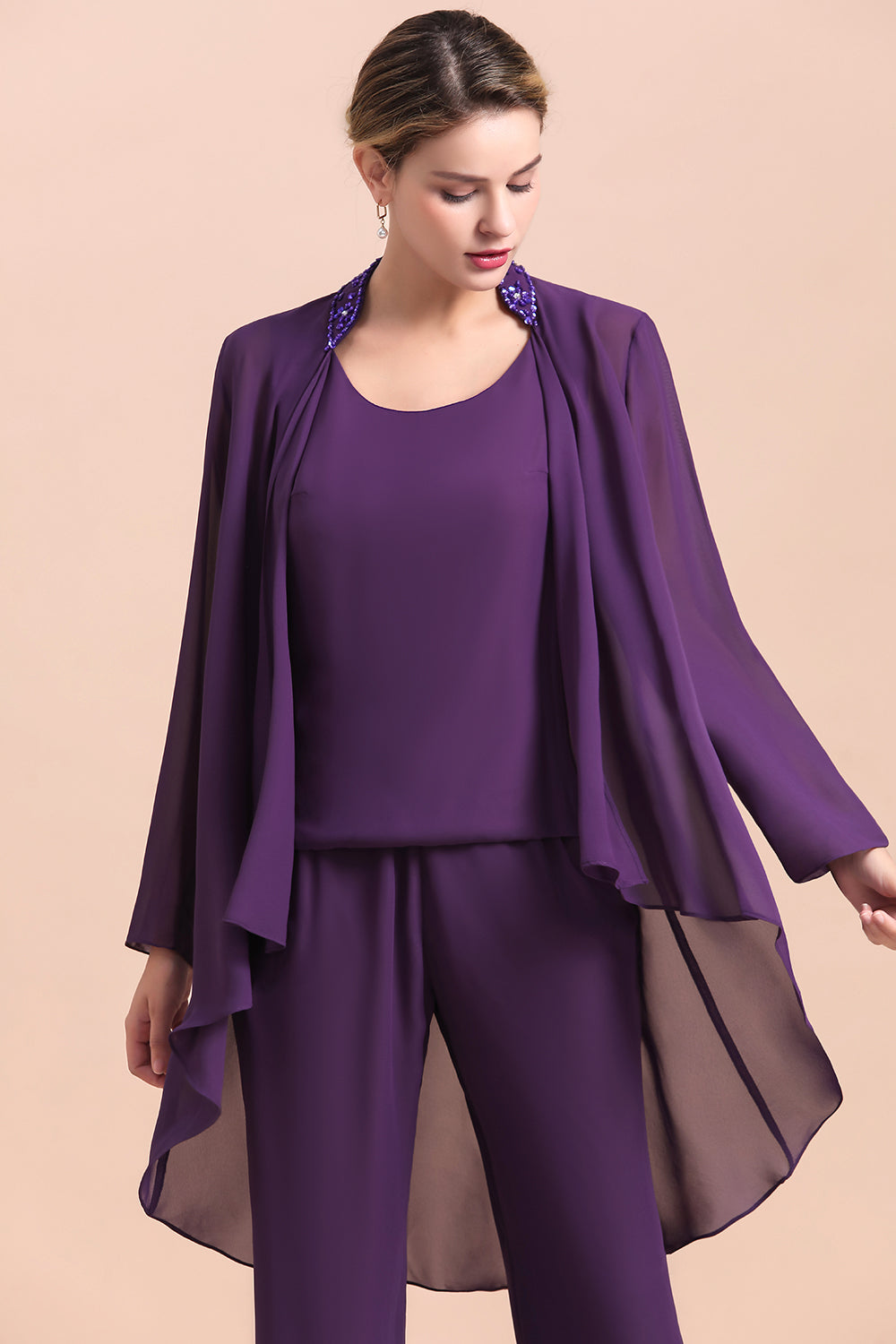 Straps Beading Grape Chiffon Long Sleeves Mother of Bride Jumpsuit With Wrap