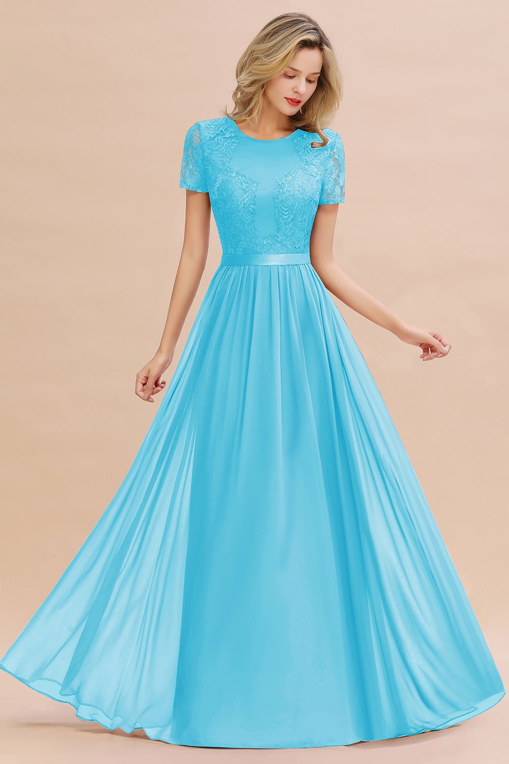 Chiffon Lace Scoop Short Sleeve Bridesmaid Dress
