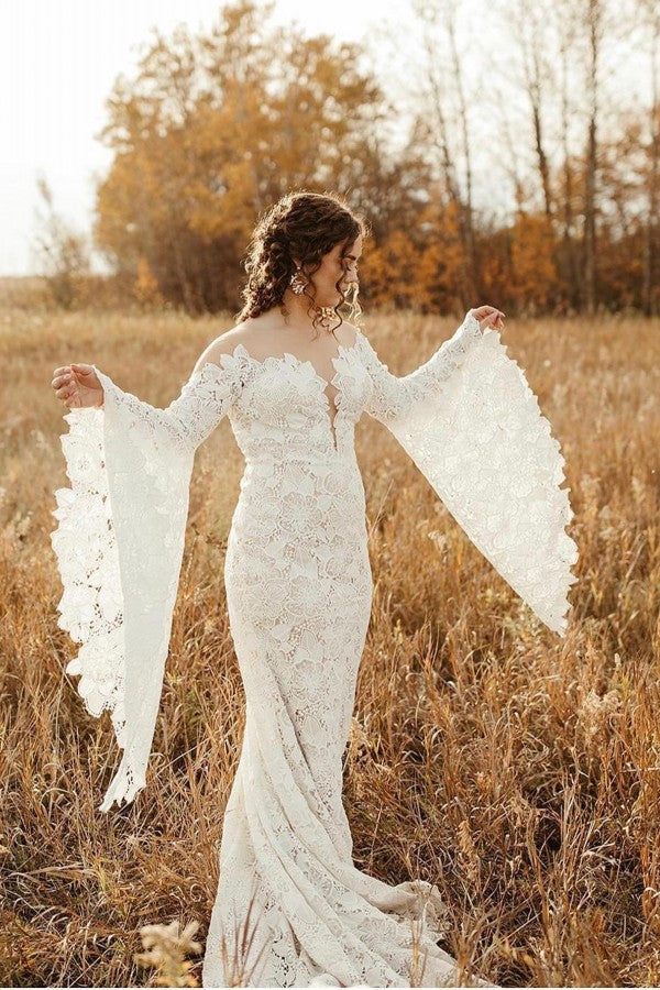 Elegant Mermaid Long Sleeves Floor Length Lace Wedding Dresses