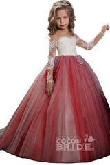 White Scoop Neck Long Sleeves Ball Gown Flower Girl Dress