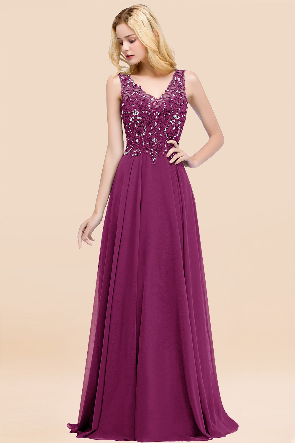 Dusty Rose Lace V-Neck Long Bridesmaid Dresses With Appliques