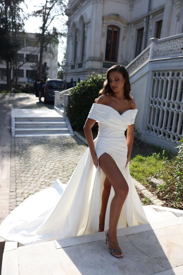Simple A-Line Off the Shoulder Satin Long High Split Wedding Dress with Train